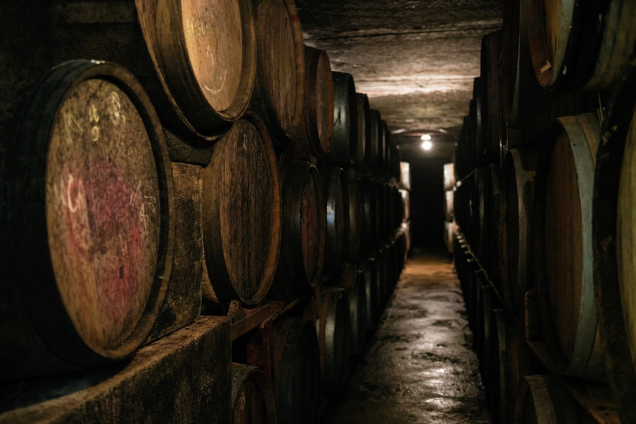Allée de chai à barriques, deux rangées de fûts de chêne sur bastaings s’enfonçant dans l’ombre