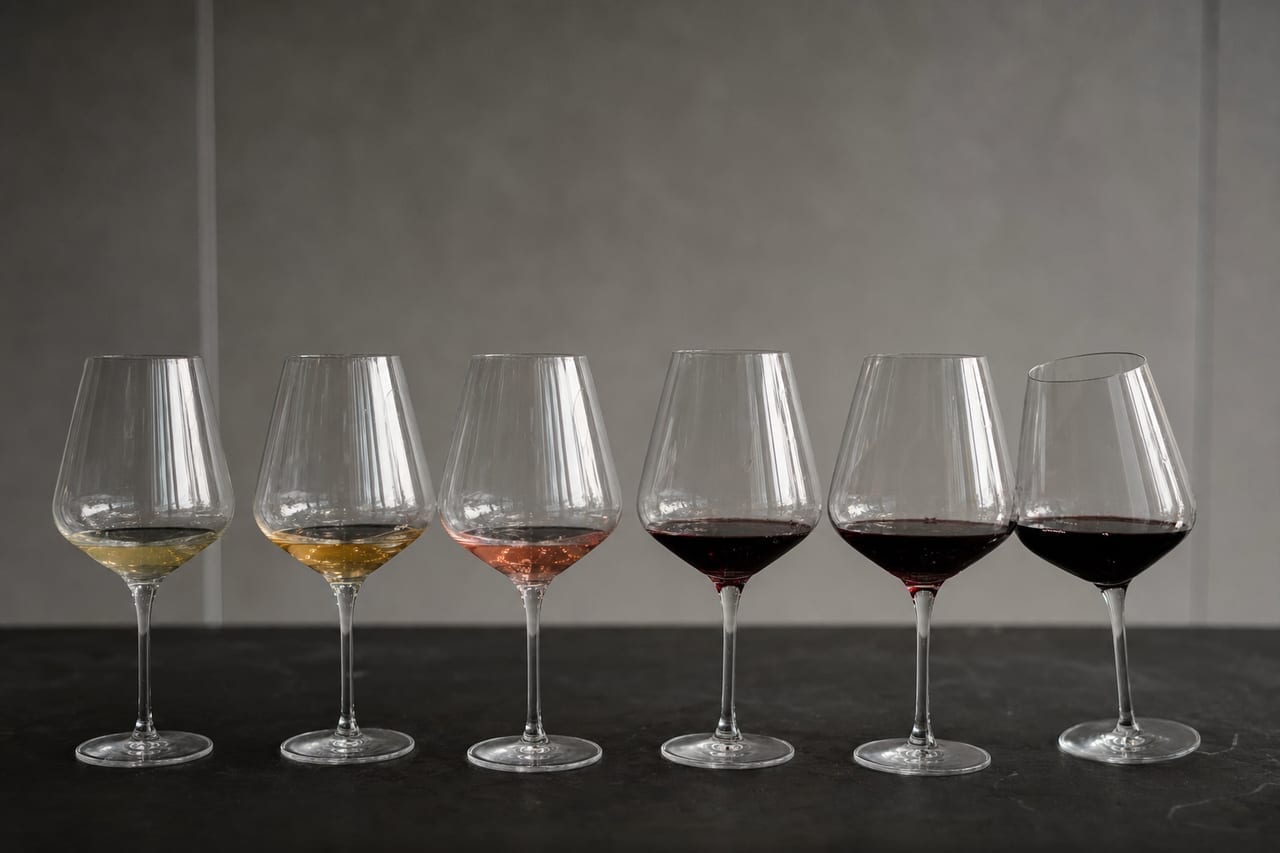 Série de six verres de dégustation identiques alignés sur une paillasse sombre, faible pour chacun