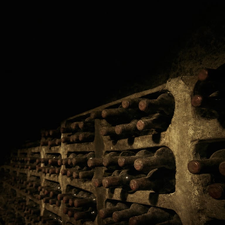Bouteilles rangées dans les casiers de pierre d’une cave