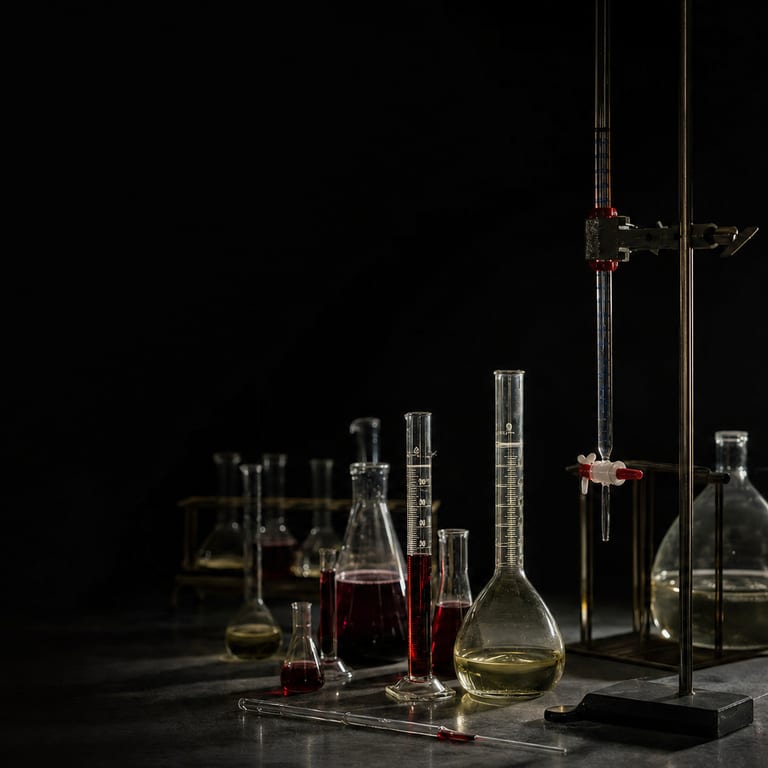Paillasse de laboratoire d’analyse des vins avec fioles jaugées et burette